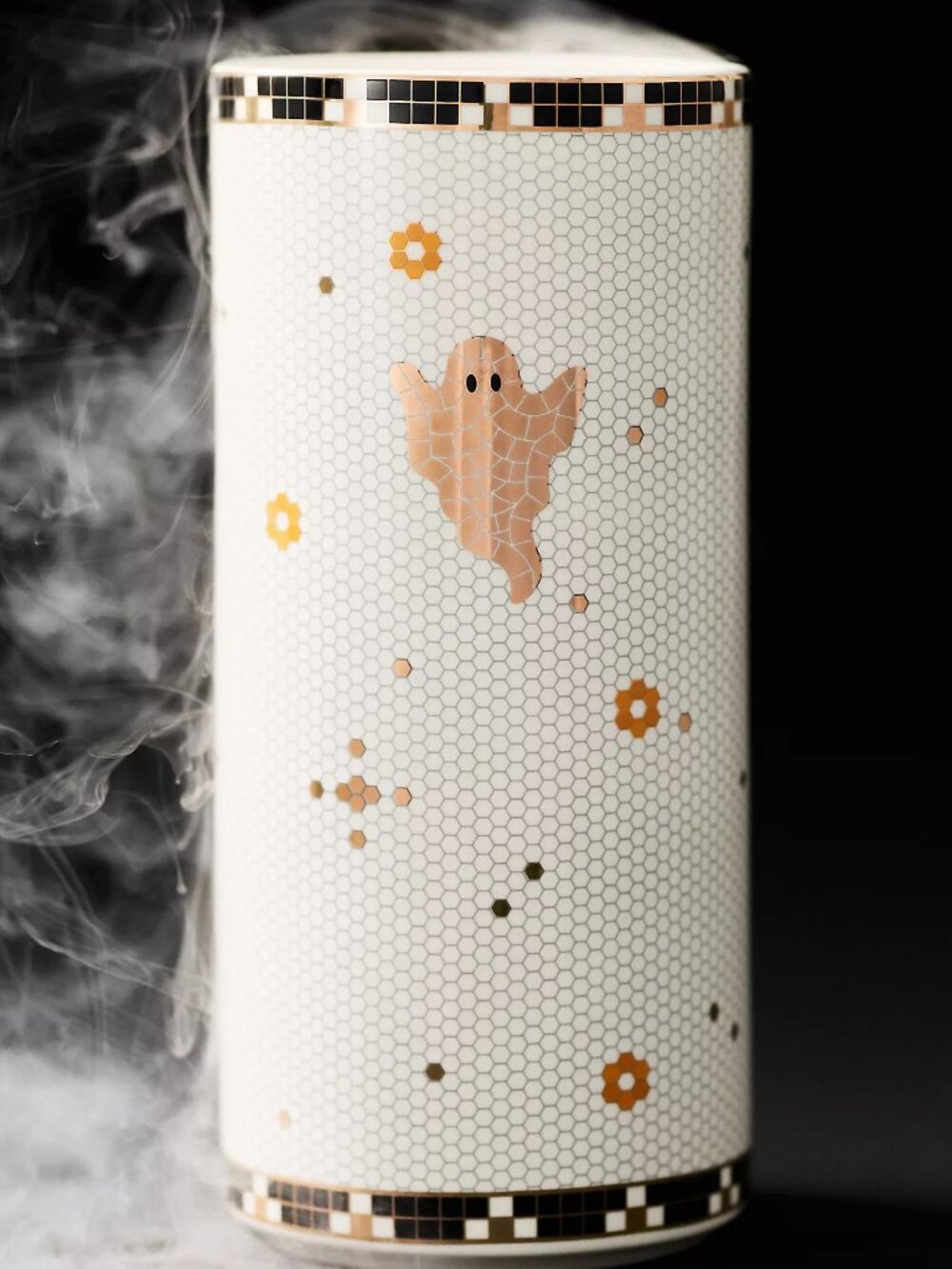 Anthropologie Bistro Tile Halloween GHOST Vase NEW Limited Cream, Black & Gold